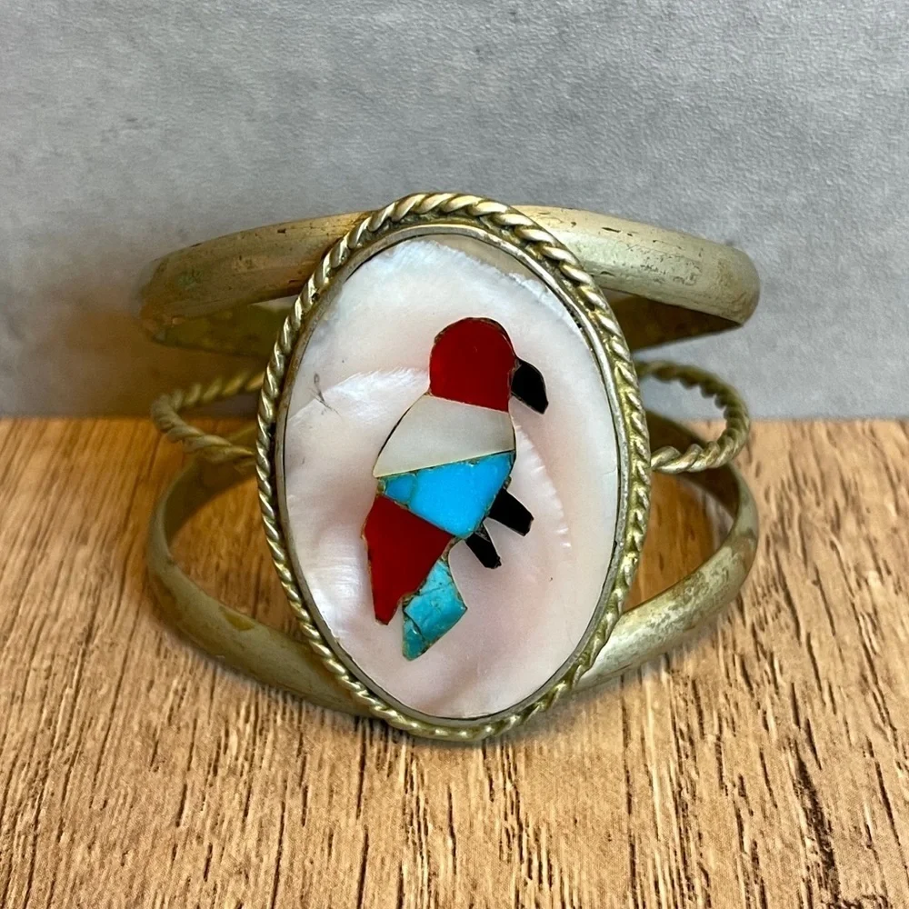 Zuni Turquoise and Coral Inlaid Stone Sterling Silver Bird Cuff Bracelet
